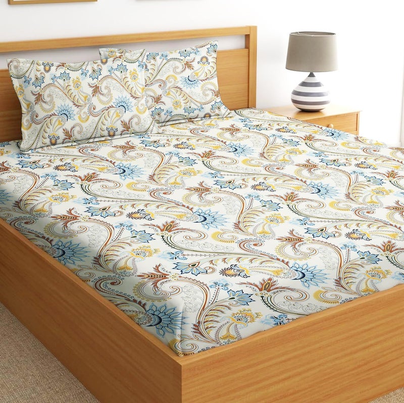 STARNSTYLE Premium 160 TC Egyptian Cotton Blend Floral Printed Double Bedsheet Set with 2 Pillow Covers - 228 x 228 cm Cream Peacock - Image 1